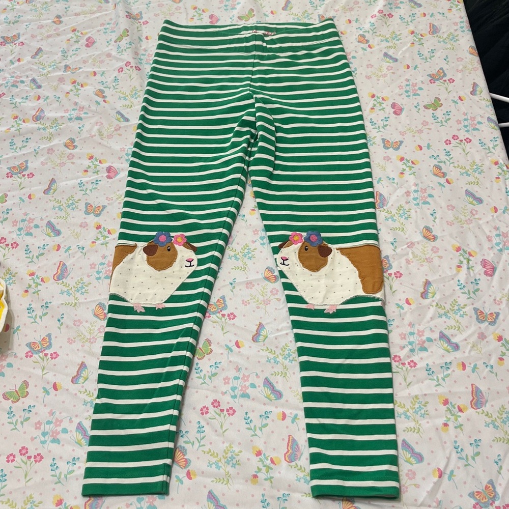 Mini Boden Green Striped Leggings with Guinea Pig Design